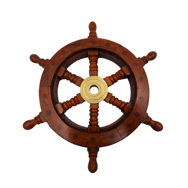 Roue de gouvernail en bois avec insert en laiton et emplacement pour coin - diamètre 30 cm - cadeau idéal avec possibilité de gravure personnalisée - style marin et rétro