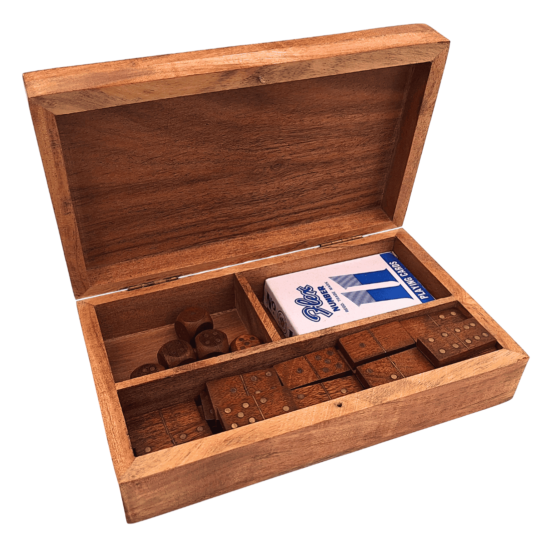 3-in-1-Spieleset in Holzschachtel Karten Domino Würfel - DNU-011
