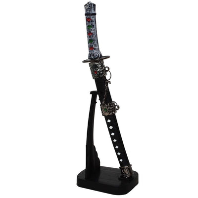 Personalisierter Brieföffner in Form eines Samuraischwerts mit Gravur auf Ständer, 21 cm hoch