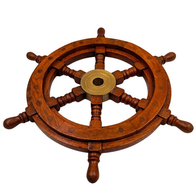 Roue de gouvernail en bois avec insert en laiton et emplacement pour coin - diamètre 30 cm - cadeau idéal avec possibilité de gravure personnalisée - style marin et rétro