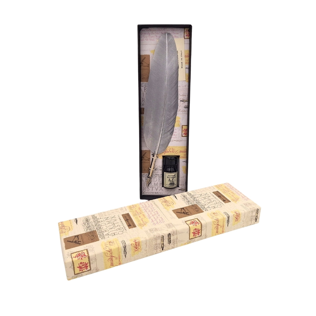 Kalligrafie-Set - silberne Gänsefeder mit Federhalter + Tinte – 7262/A