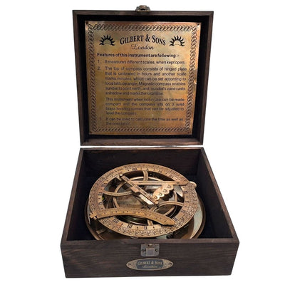 20 cm Brass Compass with Sundial in a Wooden Box with Personalized Engraving Option
