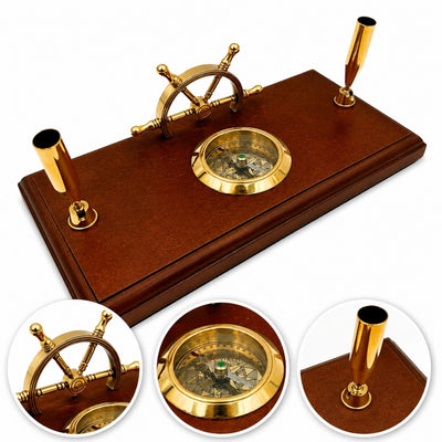 Maritimes Schreibtischset – Steuerrad, Kompass, Stifthalter – TT019