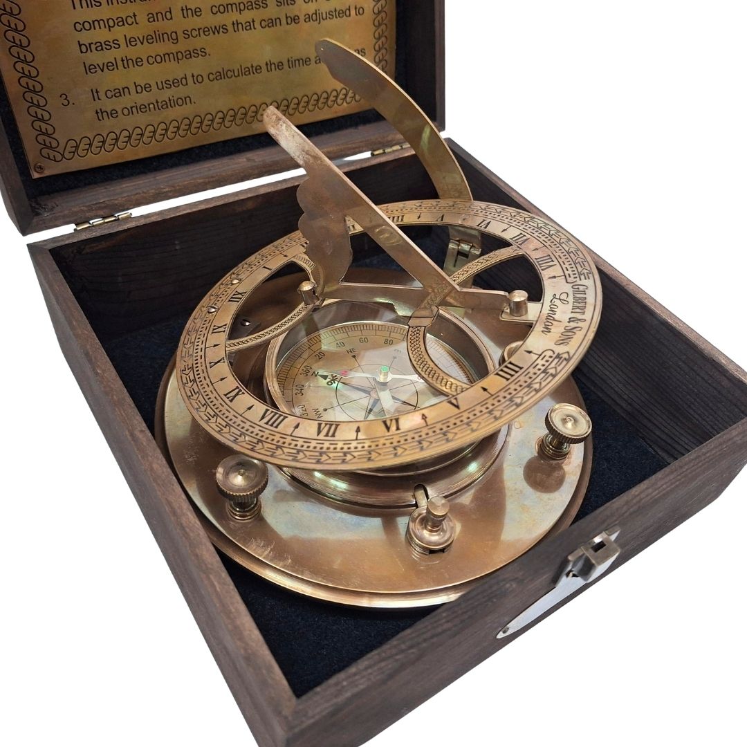 20 cm Brass Compass with Sundial in a Wooden Box with Personalized Engraving Option