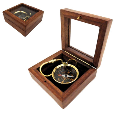 Stilvoller Vintage-Kompass-Schlüsselanhänger aus Messing in Holzschachtel