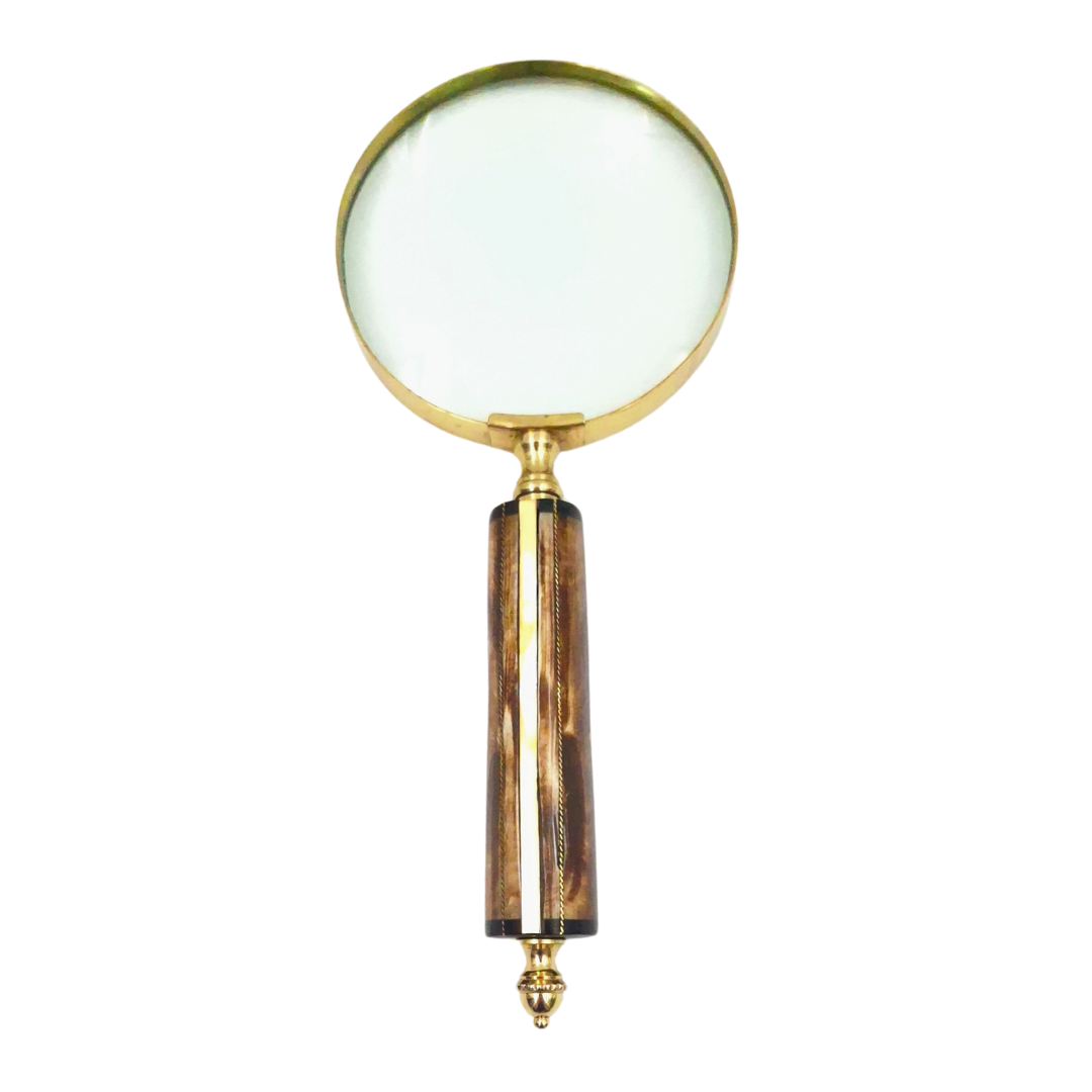 Loupe MFM avec monture en laiton et manche en os, grossissement 3.5x, personnalisable par gravure, idéale comme cadeau pour un collectionneur, coloris or et blanc/crème, dimensions 10 x 23 x 1.9 cm