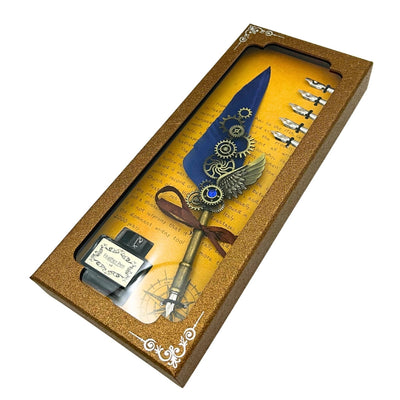 Retro-Kalligrafie-Set mit blauer Gänsefeder, Vintage, 6 Federspitzen, Tinte, Geschenk – EE11