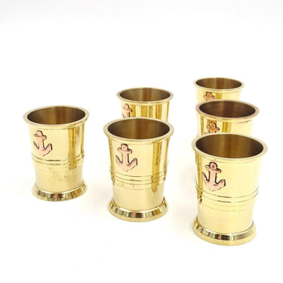 Ensemble de 6 verres métalliques avec ancre dans un coffret en bois - idéal comme cadeau avec possibilité de gravure personnalisée - laiton doré, capacité 50 ml, design élégant pour amateurs de marine