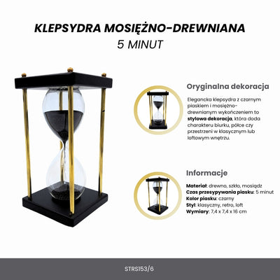 Sanduhr aus Messing und Holz 5 Minuten – schwarzer Sand – elegante Retro-Dekoration - STRS