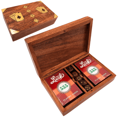 Spielset – zwei Kartenspiele und Spielwürfel in einer Holzbox – elegantes Geschenk für Spieler – DNU-008
