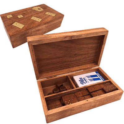3-in-1-Spieleset in Holzschachtel Karten Domino Würfel - DNU-011