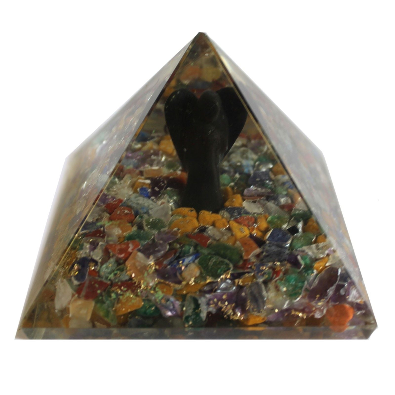 Magische Orgonit-Pyramide 70 mm - Engel mit esoterischen Objekten, grünlichem Inneren und handgefertigter Ausführung