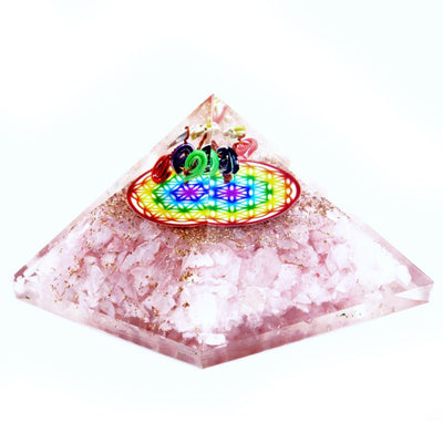 Pink Quartz Orgonite Pyramid with Rainbow Flower of Life Pattern