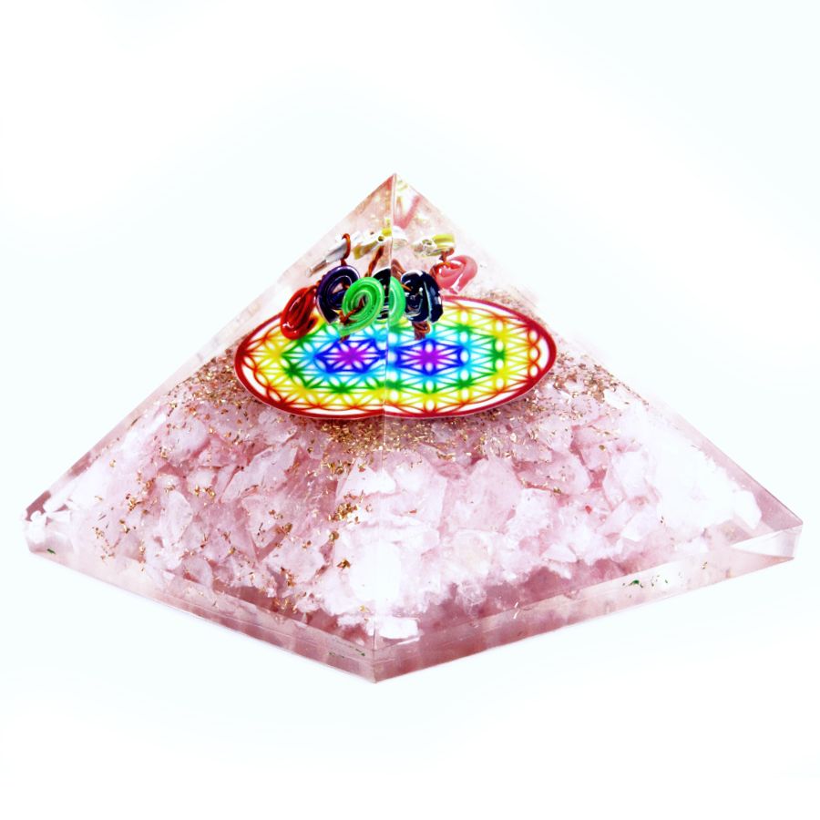 Pink Quartz Orgonite Pyramid with Rainbow Flower of Life Pattern