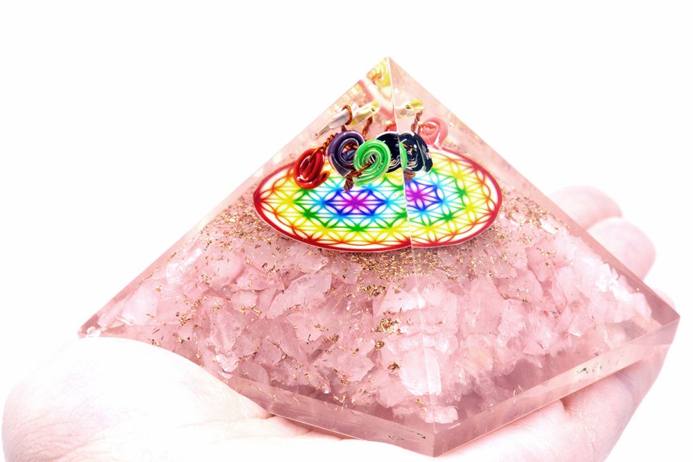 Pink Quartz Orgonite Pyramid with Rainbow Flower of Life Pattern
