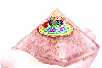 Pink Quartz Orgonite Pyramid with Rainbow Flower of Life Pattern