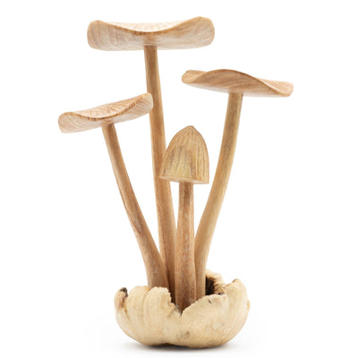 Champignons forestiers sculptés à la main - Ensemble de 4 grands champignons en bois naturel, parfaits comme cadeau - Hauteur 14 cm, style rustique unique, idéal pour la décoration intérieure