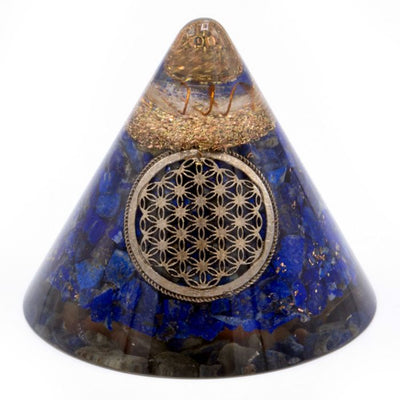 Orgonite Cone Lapis Flower of Life with Suspended Quartz - 90 mm, Blue-Gold, Glass Resin and Metal Shavings