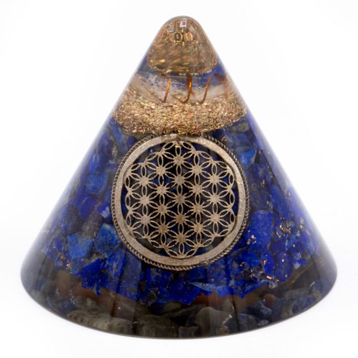 Orgonite Cone Lapis Flower of Life with Suspended Quartz - 90 mm, Blue-Gold, Glass Resin and Metal Shavings