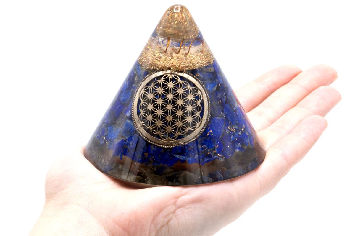 Orgonite Cone Lapis Flower of Life with Suspended Quartz - 90 mm, Blue-Gold, Glass Resin and Metal Shavings