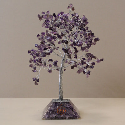 Arbre du Bonheur avec Cristaux d'Améthyste - 320 Pierres, Feuilles Violettes, Base Orgonite