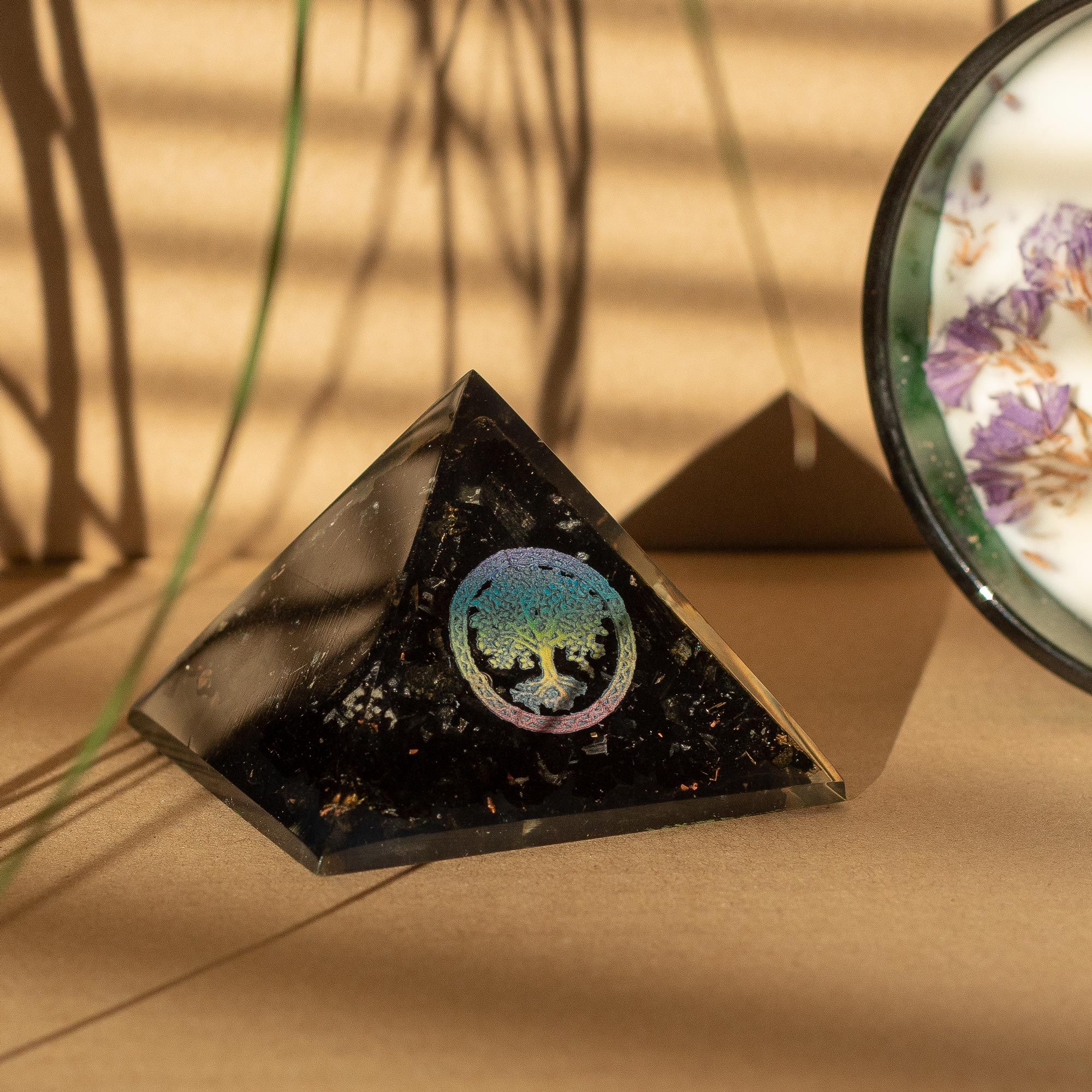 Elegant Orgonite Pyramid with Black Tourmaline and Tree of Life Symbol - 5.5x4.5 cm