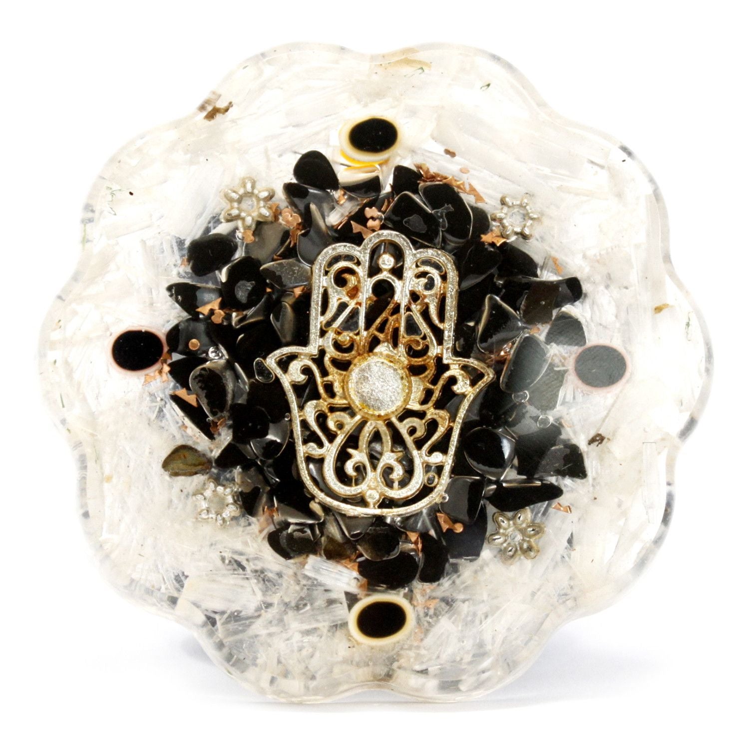 Pacchetto di Energia da Scrivania Orgonite Hamsa con Selenite