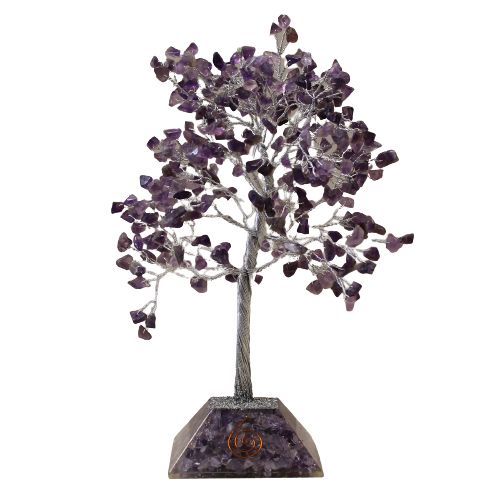 Arbre du Bonheur avec Cristaux d'Améthyste - 320 Pierres, Feuilles Violettes, Base Orgonite