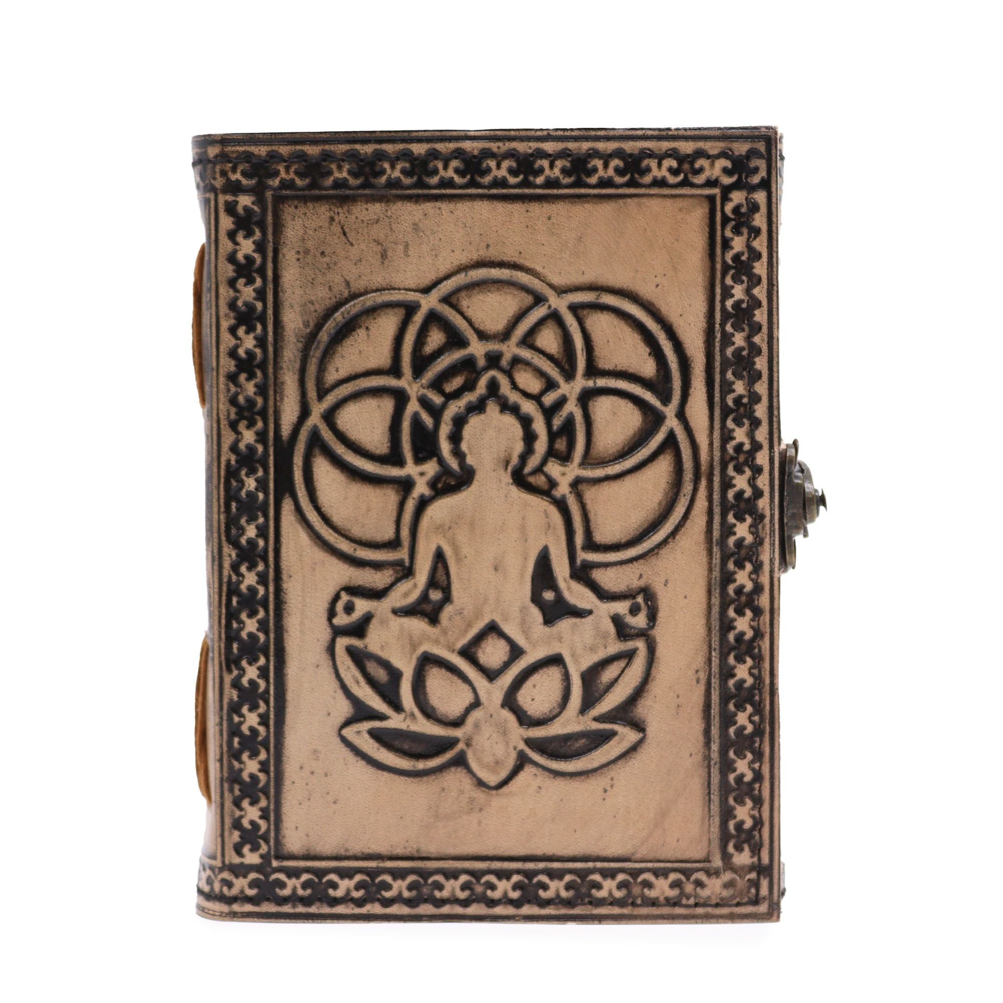 Esoterisches Buddha-Notizbuch in Rot-Tan - Ledernotizbuch mit 200 Seiten, Maße 17.5x12.5x3 cm