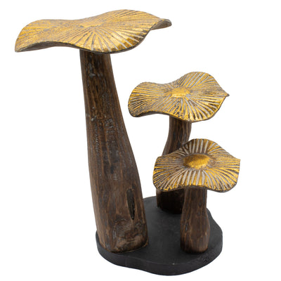 Grande sculpture de champignon doré 32 cm - Bois naturel - Élément décoratif unique pour cadeau - Style forestier, rustique et moderne