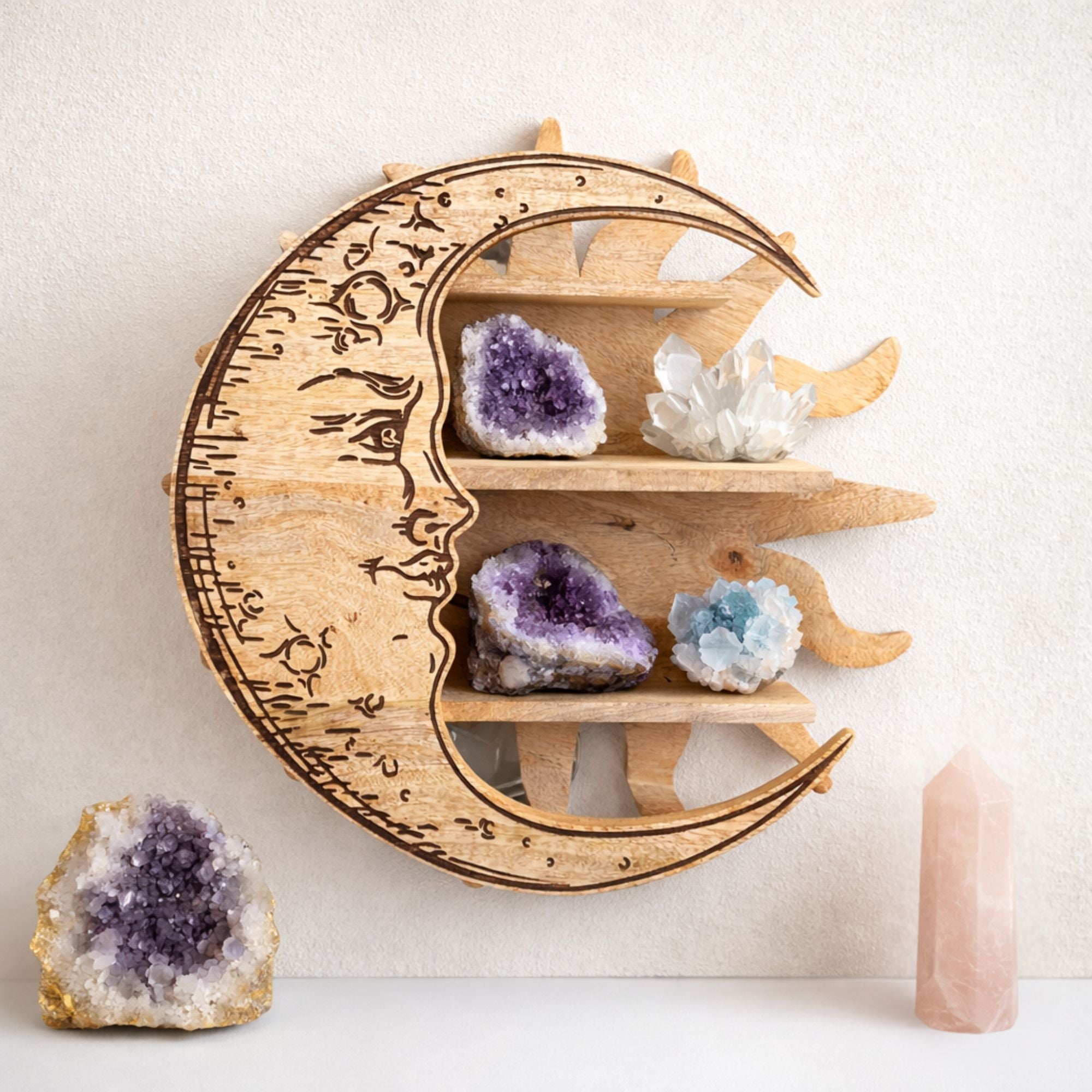 3-Tier Shelf with Sun and Moon Motif from Mango Wood