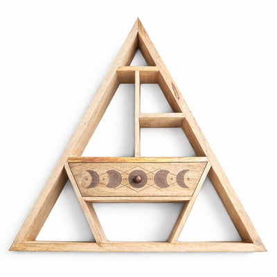 Triangular Magic Wall Shelf with Drawer - Handmade Mango Wood, Moon Phase Design, 53x53x9 cm