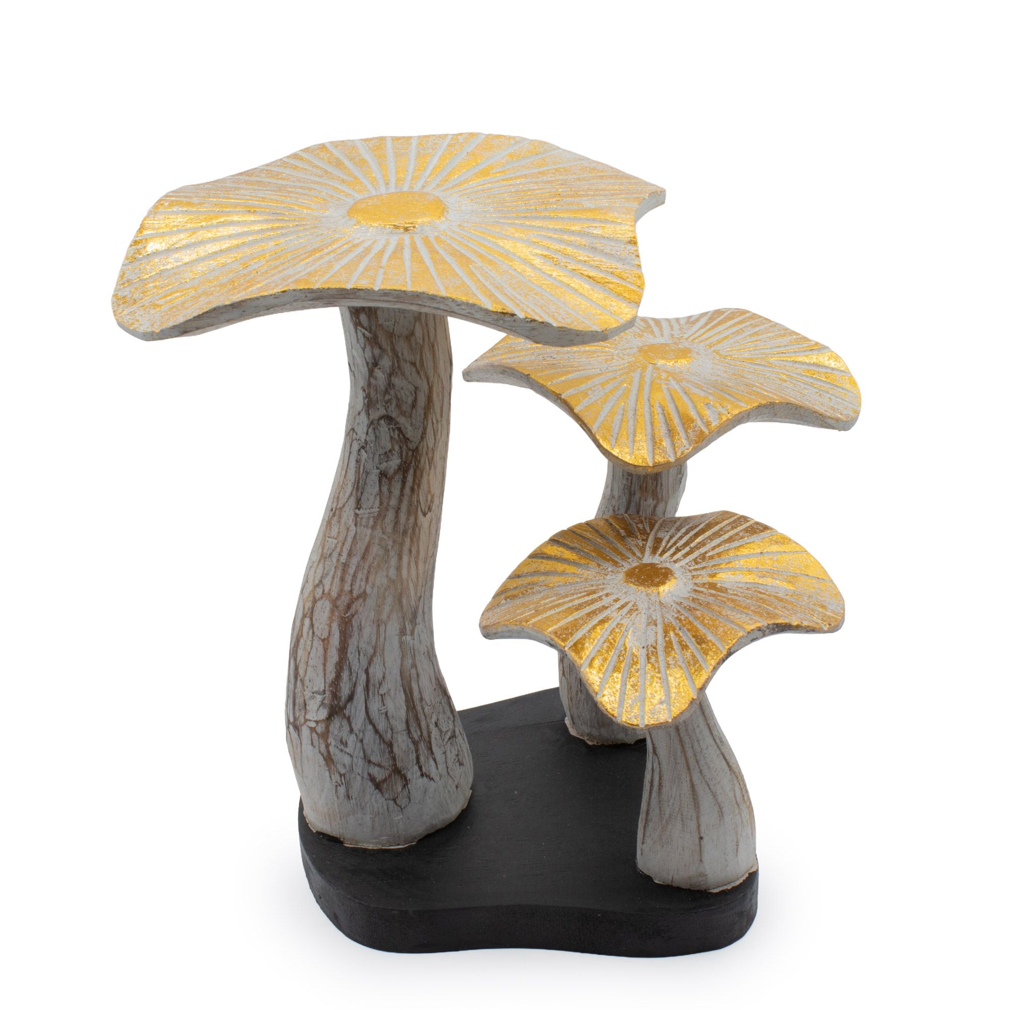 Figure artistique de champignon doré 25 cm finition blanche avec détails dorés - Cadeau unique en bois d'albasia pour intérieurs bohèmes et naturels