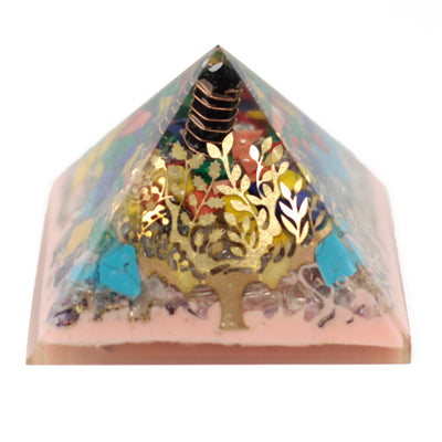 Pyramide Orgonite 70mm - Arbre en Pierres Précieuses, Cuivre et Inserts Métalliques