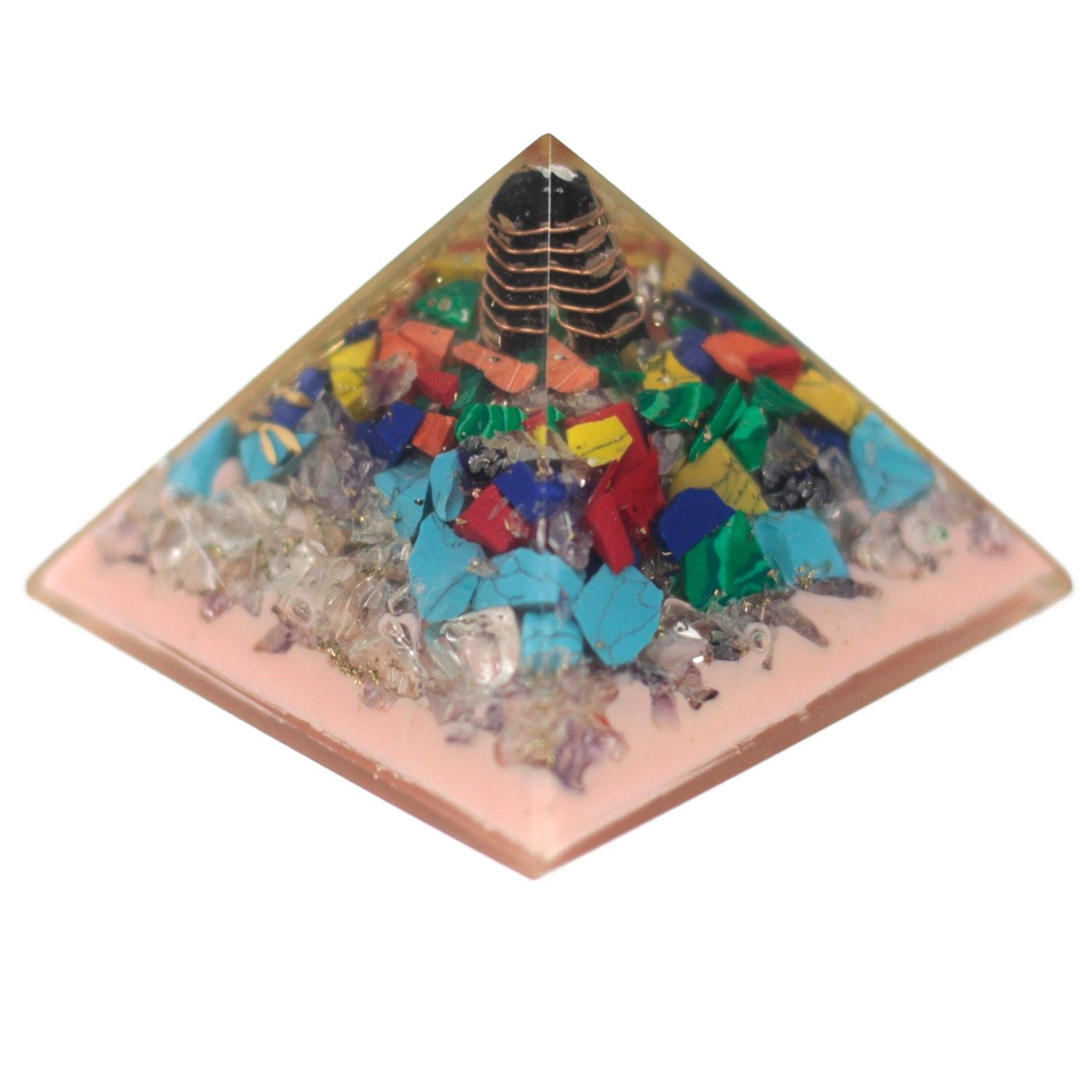 Pyramide Orgonite 70mm - Arbre en Pierres Précieuses, Cuivre et Inserts Métalliques