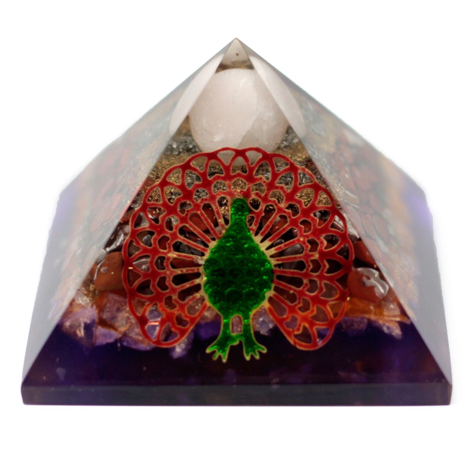 Orgonit-Pyramide 70mm - Pfau in mehrfarbigem Design mit Edelsteinen und Kupfer