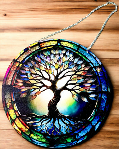 Pendentif Solaire Prismatique 'Arbre de Vie' - Décoration de Fenêtre Colorée
