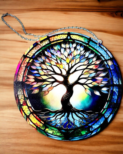 Pendentif Solaire Prismatique 'Arbre de Vie' - Décoration de Fenêtre Colorée