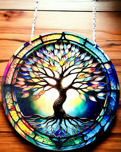 Pendentif Solaire Prismatique 'Arbre de Vie' - Décoration de Fenêtre Colorée