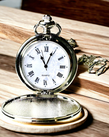 Classic Pocket Watch with Roman Numerals and Chain, Quartz, Steel Shine - Silver Color