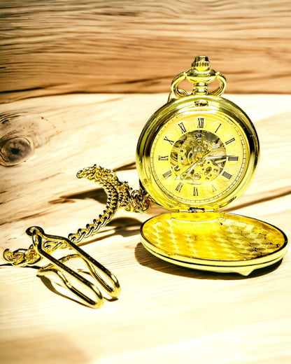 Klassische mechanische Taschenuhr mit Doppeldeckel, manuell, goldfarben, mit Gravur
