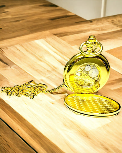 Klassische mechanische Taschenuhr mit Doppeldeckel, manuell, goldfarben, mit Gravur