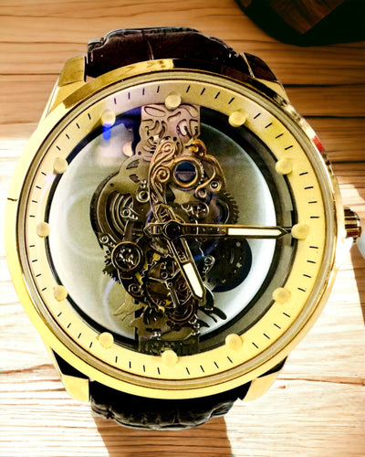 Montre Homme avec Mécanisme Transparent - Élégance et Précision dans un Écrin Doré