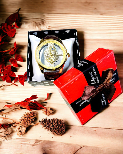 Montre Homme avec Mécanisme Transparent - Élégance et Précision dans un Écrin Doré