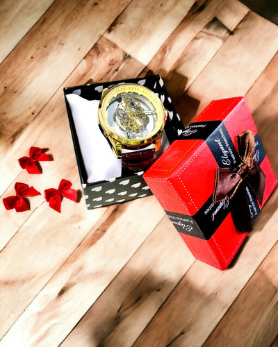 Montre Homme avec Mécanisme Transparent - Élégance et Précision dans un Écrin Doré