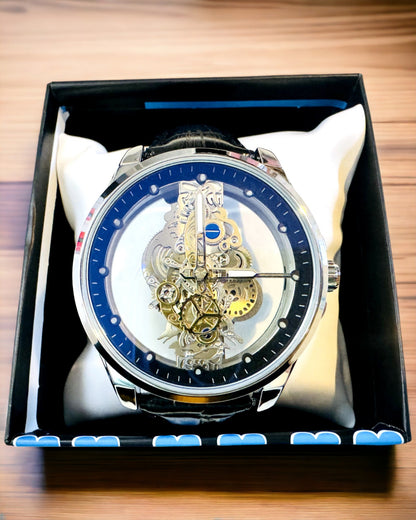 Montre Homme Quartz avec Cadran Transparent - Élégance Classique dans une Version Moderne bracelet noir. Personnalisation par gravure