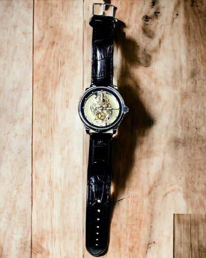 Montre Homme Quartz avec Cadran Transparent - Élégance Classique dans une Version Moderne bracelet noir. Personnalisation par gravure