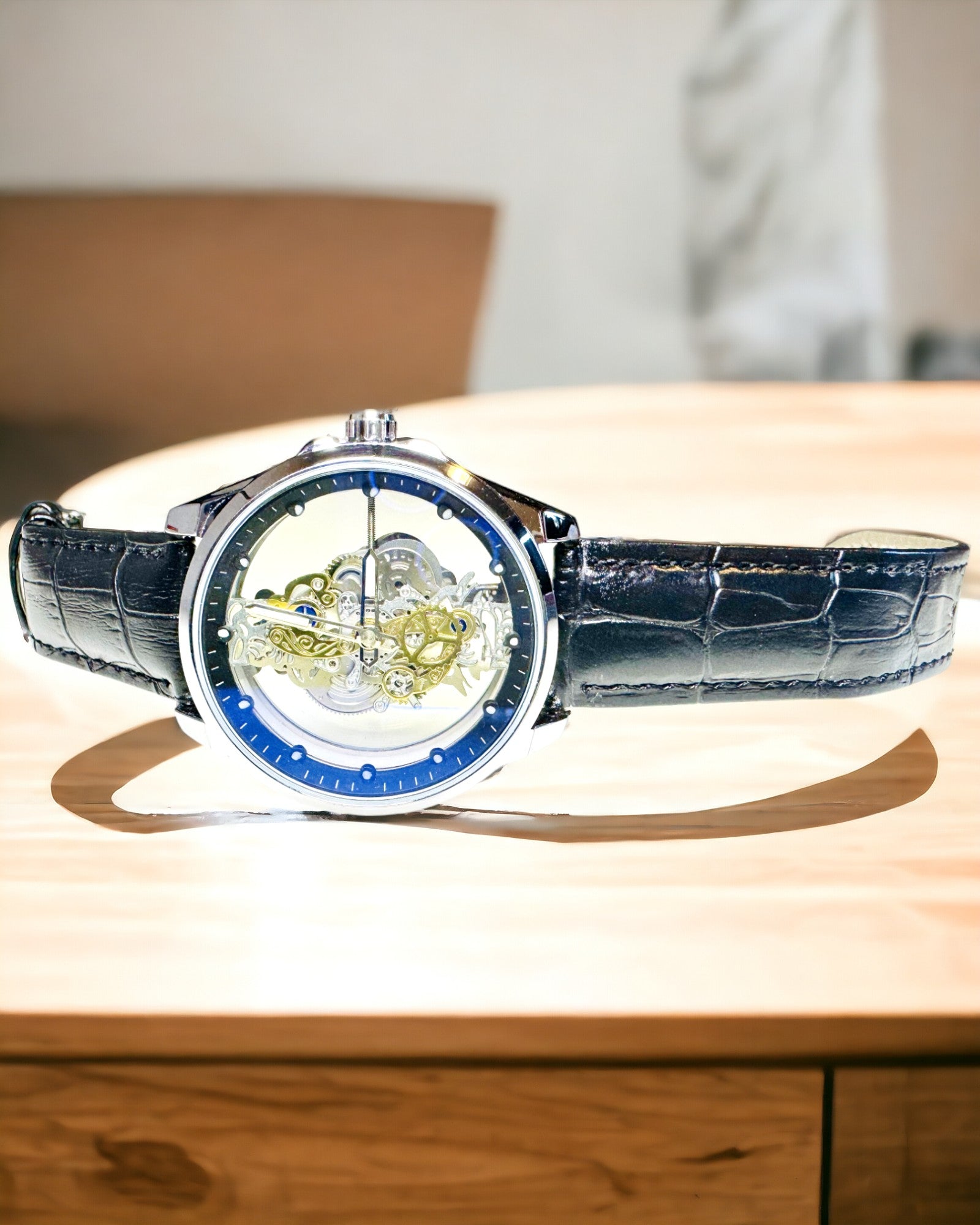 Montre Homme Quartz avec Cadran Transparent - Élégance Classique dans une Version Moderne bracelet noir. Personnalisation par gravure