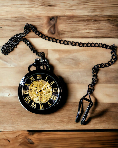 Montre de Poche Mécanique Style Rétro, Étanche, Semi-automatique - couleur Noire - Idéale pour un Cadeau, gravure