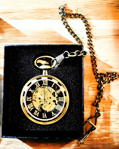 Retro Taschenuhr – Mechanisch, Farbe gehämmertes Gold, Wasserdicht, Personalisierung mit Gravur